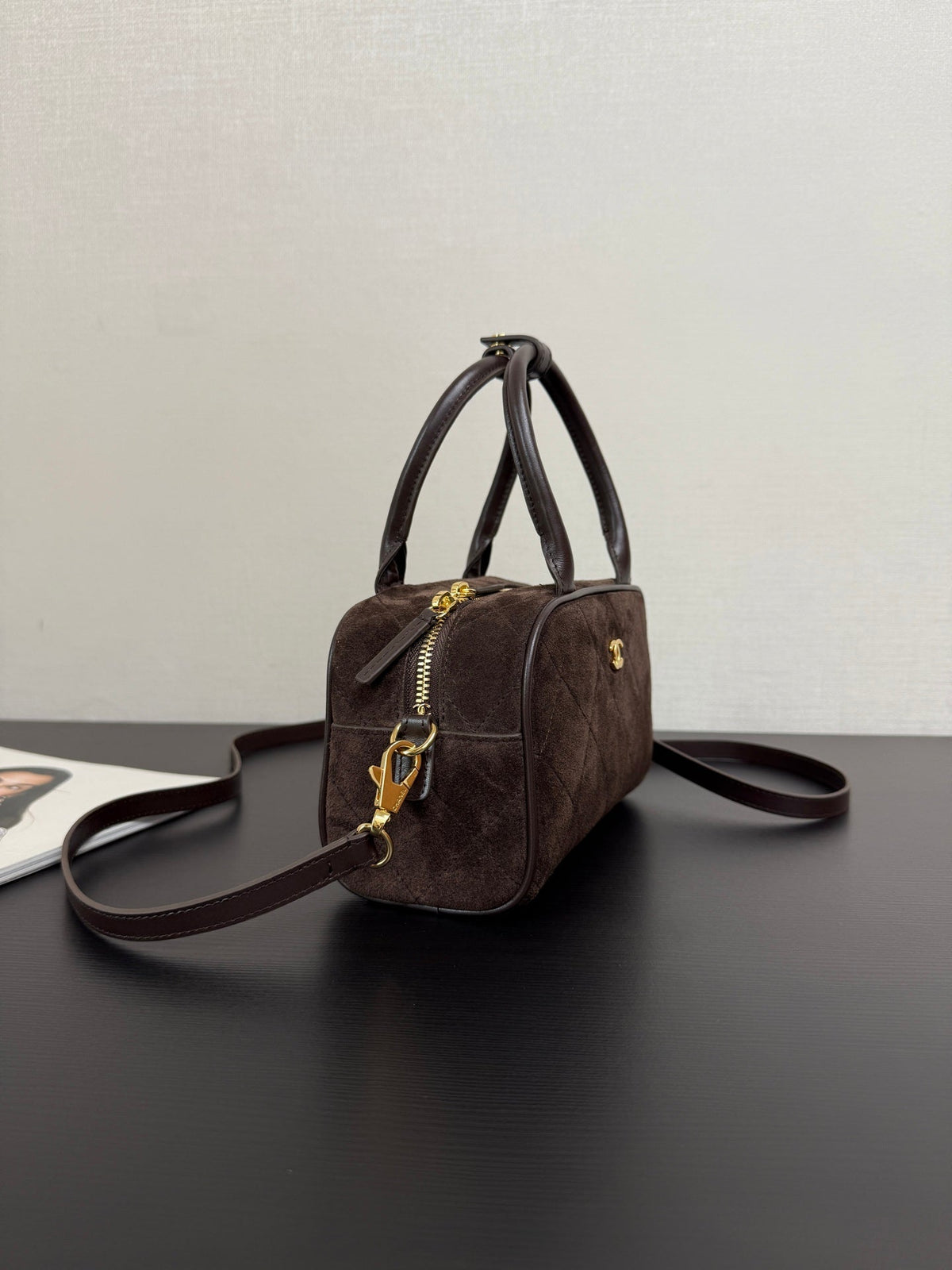 Chanel 2026 Pouch With Leather Strap 21cm Dark Brown Suede