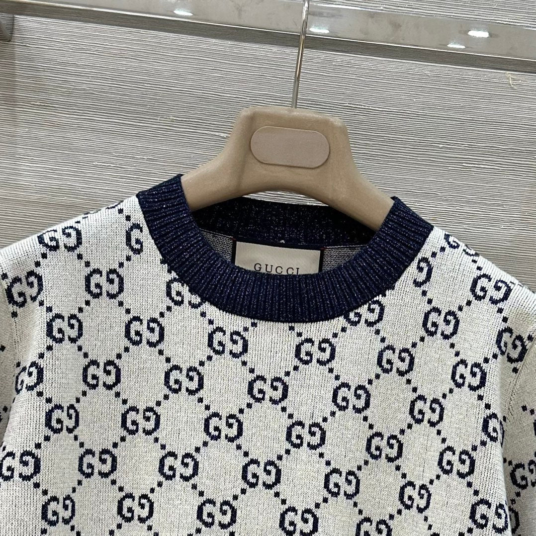 Gucci 2025 Knitted Round Neck Short-sleeved Top Blue Gray Cotton