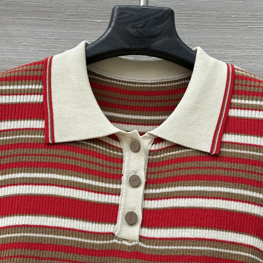 Fendi 25 Knitted Polo Short-sleeved Top Red Silk Cotton