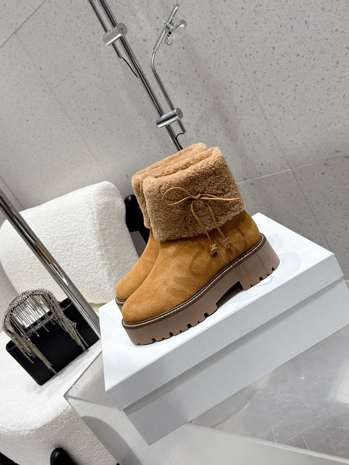 Celine 25 Fur-lined Ankle Boot Tan Suede Wool 554185