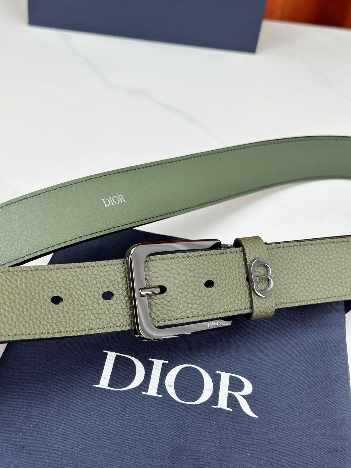 Dior 2026 CD Icon Grained Belt 35mm Moss Green Calfskin