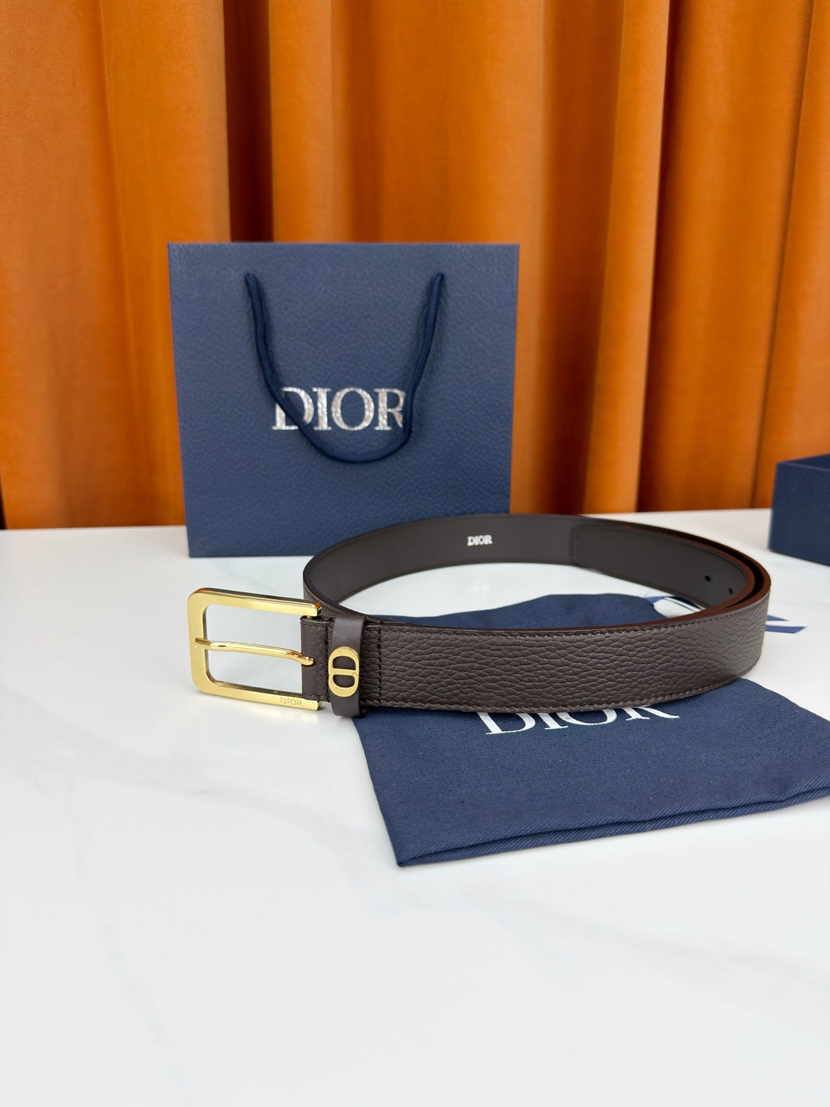 Dior 2026 CD Icon Grained Belt 35mm Dark Brown Calfskin