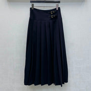 Miumiu 2026 Leather-buckled Pleated Midi Skirt Navy Blue Cotton 356069