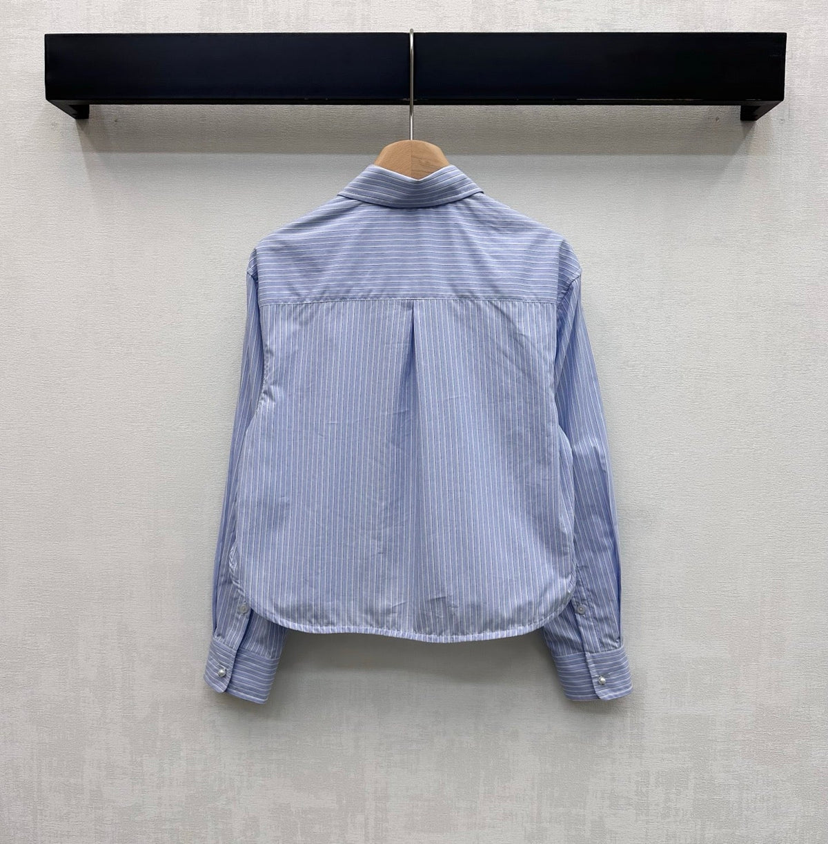 Chanel 2026 Pearl Button Chain Trim Short Shirt Blue Cotton 206642