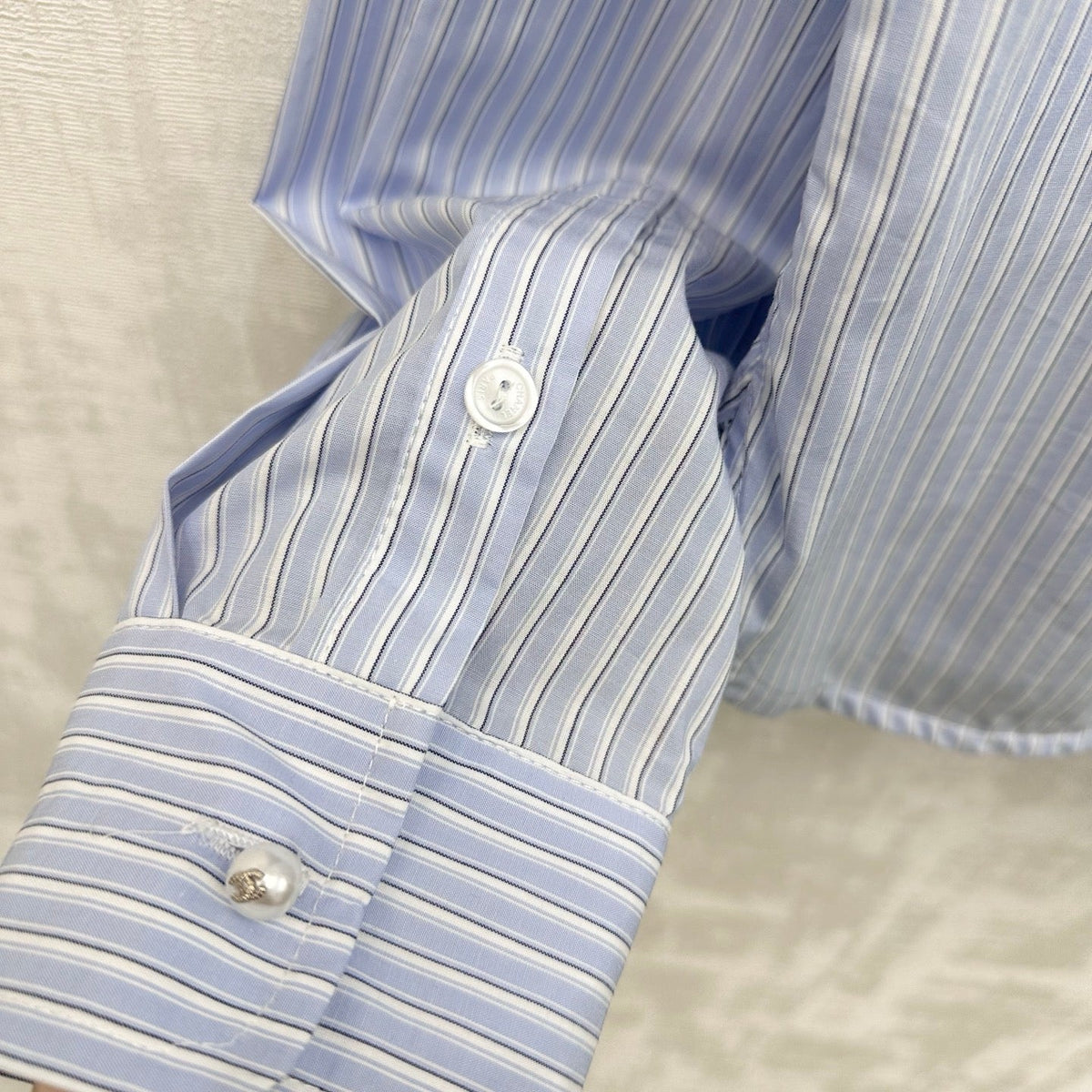 Chanel 2026 Pearl Button Chain Trim Short Shirt Blue Cotton 206642