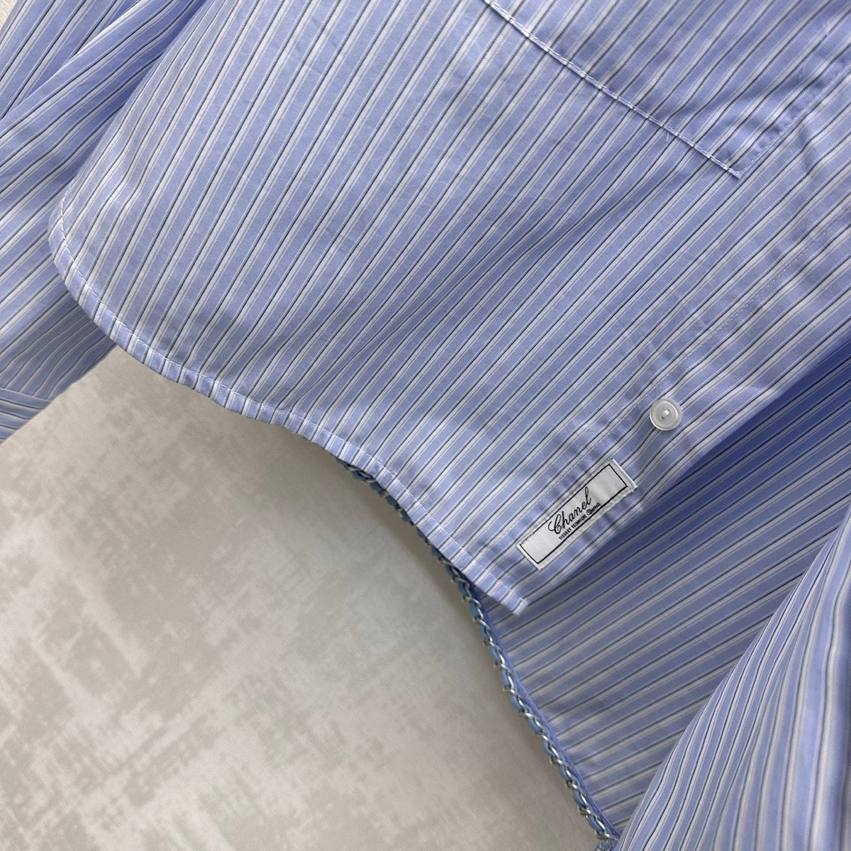Chanel 2026 Pearl Button Chain Trim Short Shirt Blue Cotton 206642