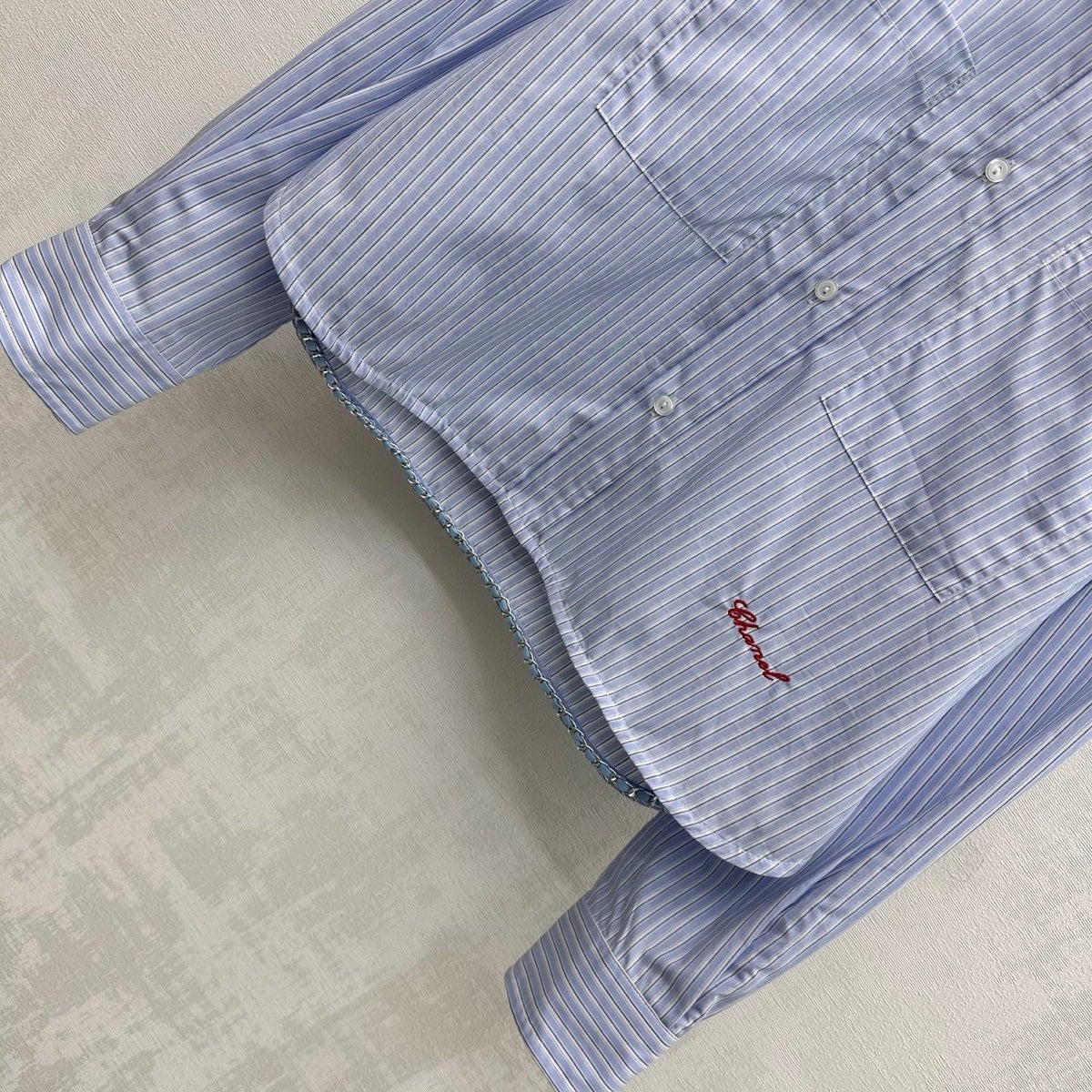 Chanel 2026 Pearl Button Chain Trim Short Shirt Blue Cotton 206642