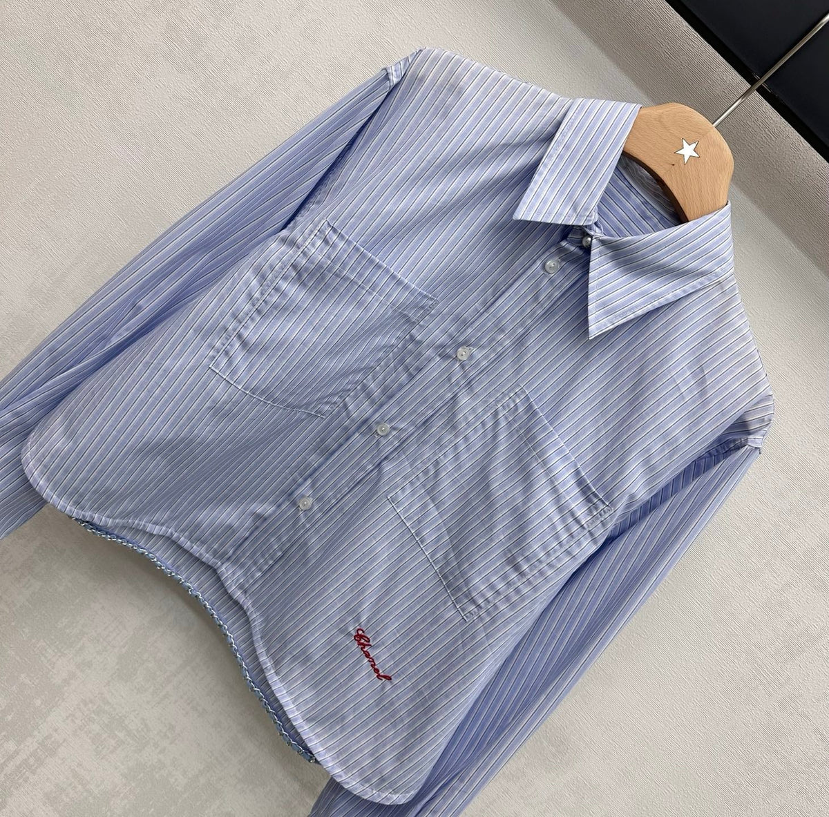 Chanel 2026 Pearl Button Chain Trim Short Shirt Blue Cotton 206642
