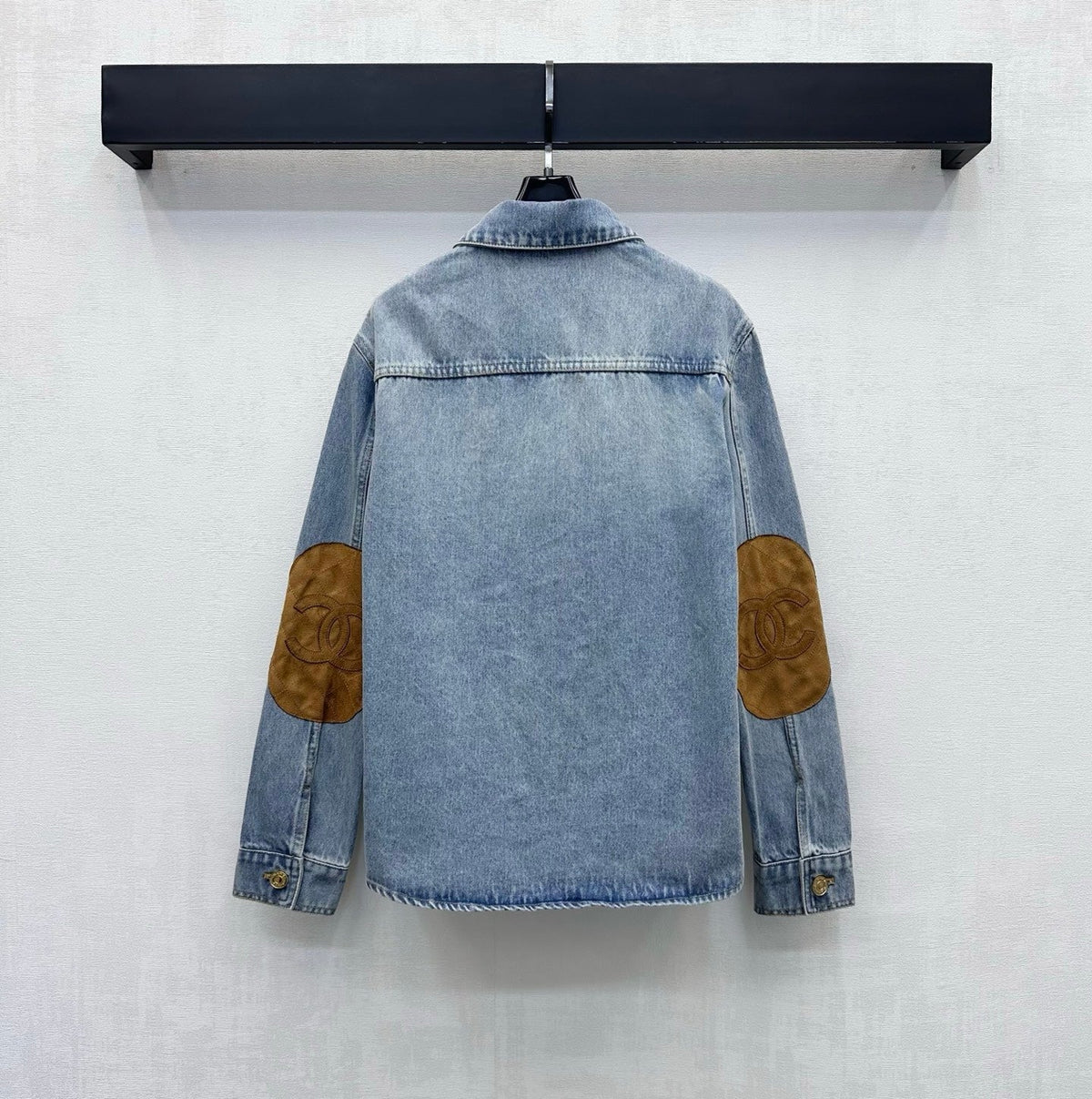 Chanel 2026 Checkered Denim Shirt with Sleeve Patches Light Blue Cotton 418505