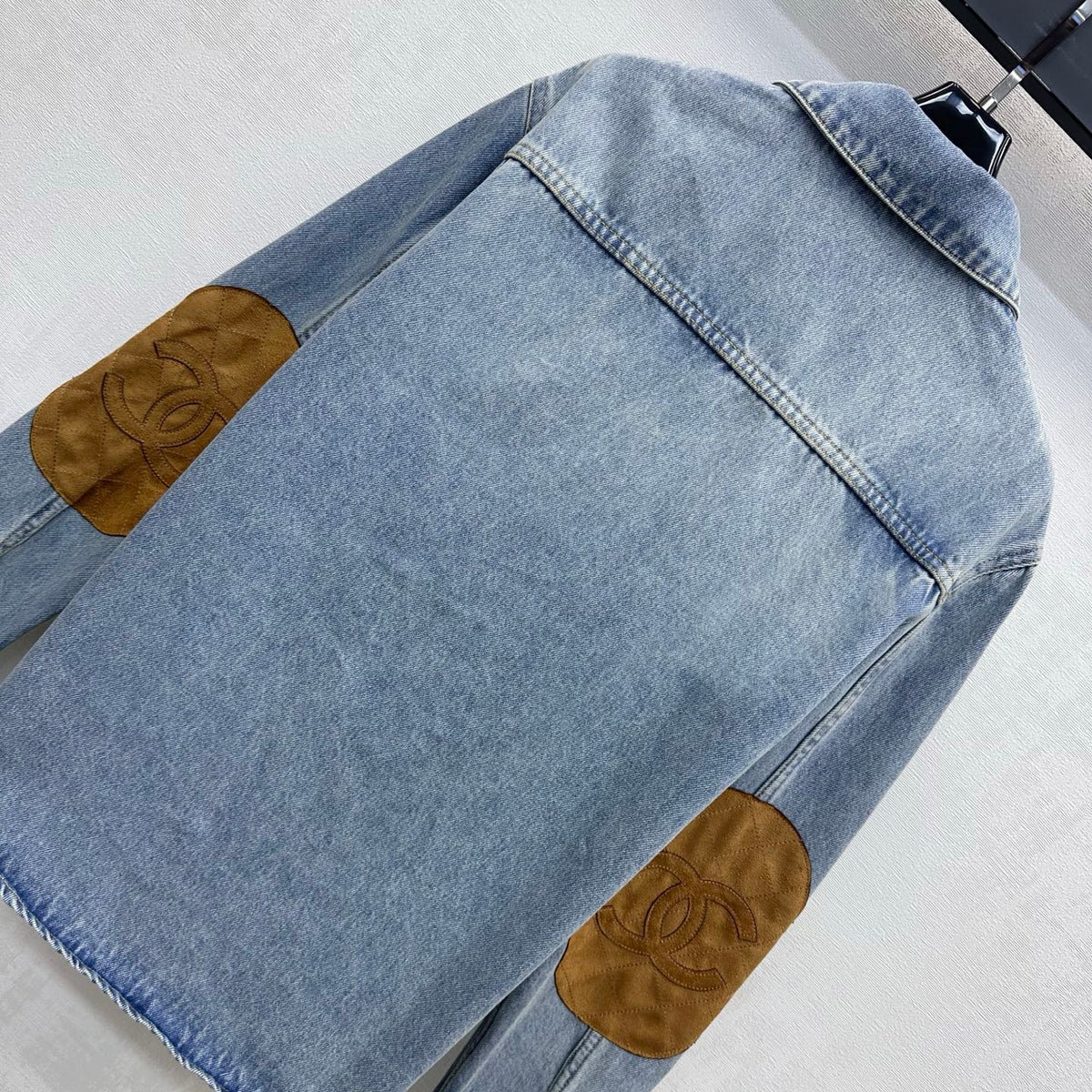 Chanel 2026 Checkered Denim Shirt with Sleeve Patches Light Blue Cotton 418505