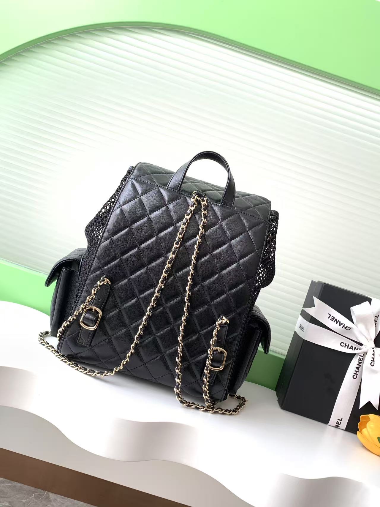 cc 25S Backpack 31cm Black Mesh Calfskin
