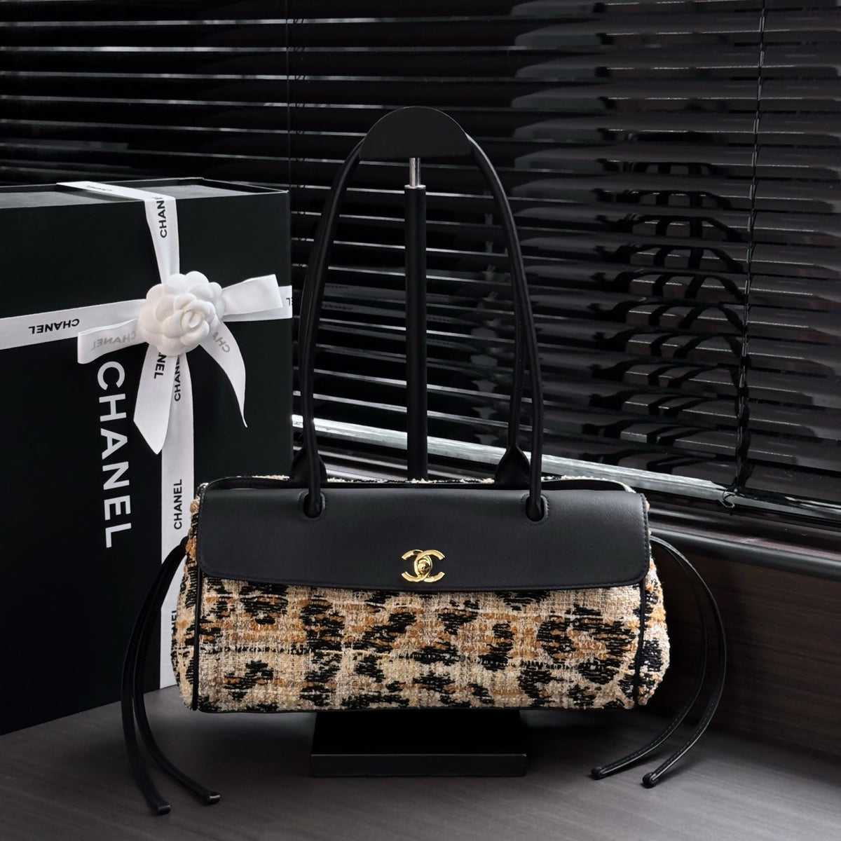 Chanel 2026 Leopard Print Baguette Bag Tweed Leather