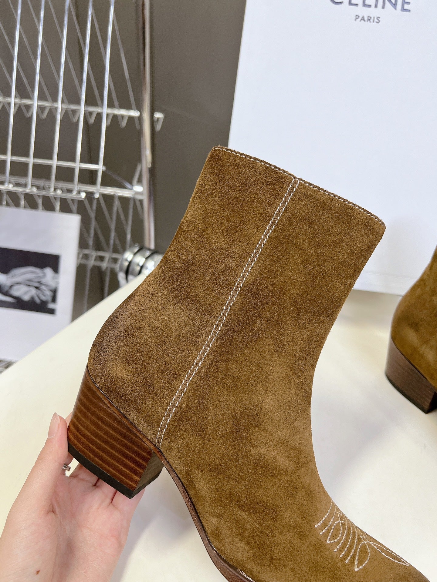 CELINE 25 Cowboy Boots Brown Suede 434416