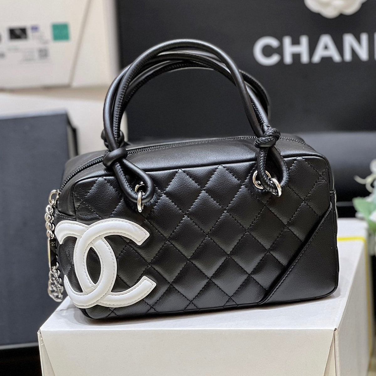 Chanel 2026 Cambon Ligne Bag 21cm Black White Quilted Lambskin