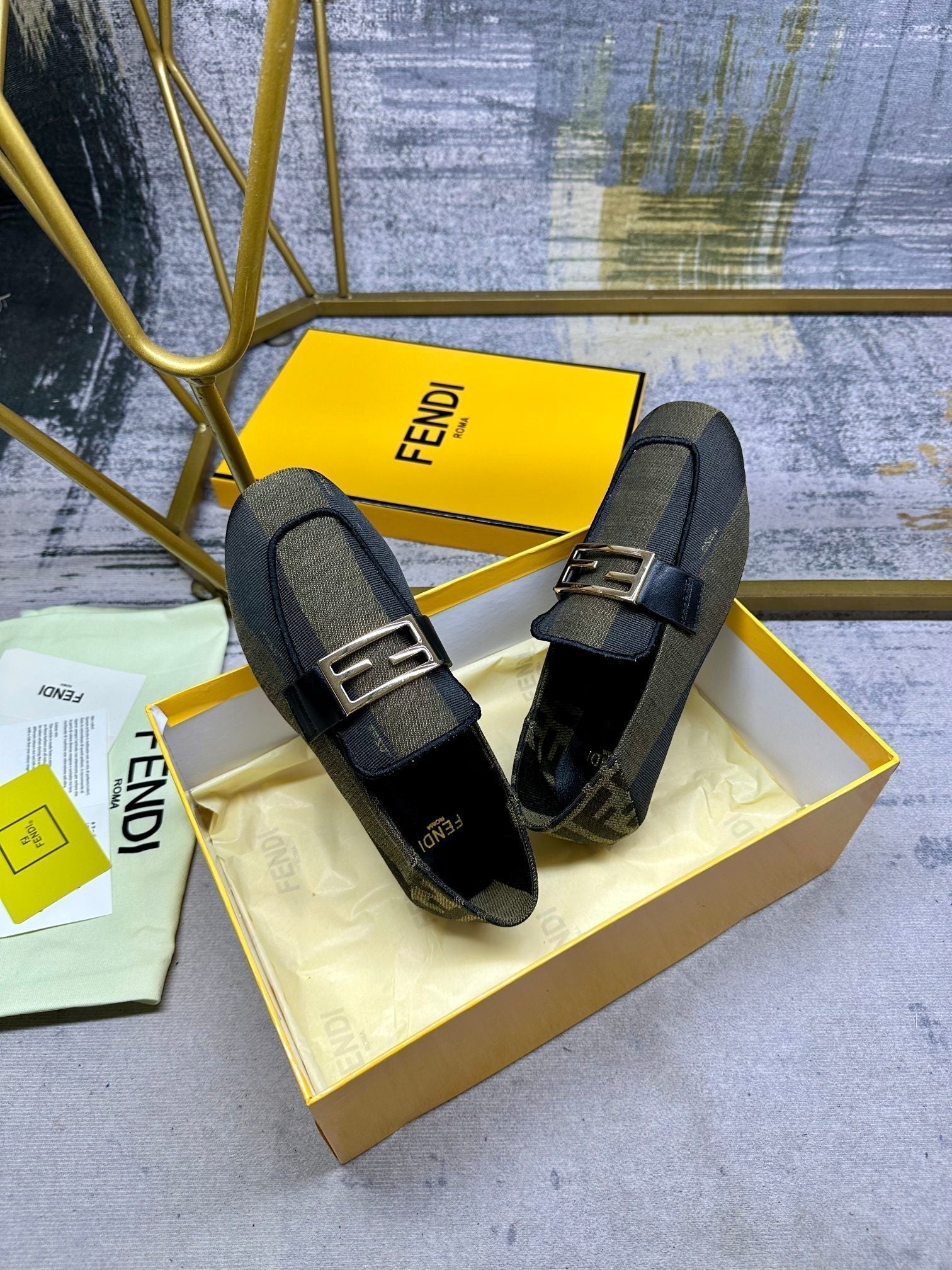 FENDI BAGUETTE LOAFERS IN OLIVE GREEN MIX BLACK CANVAS GOLD HARDWARE