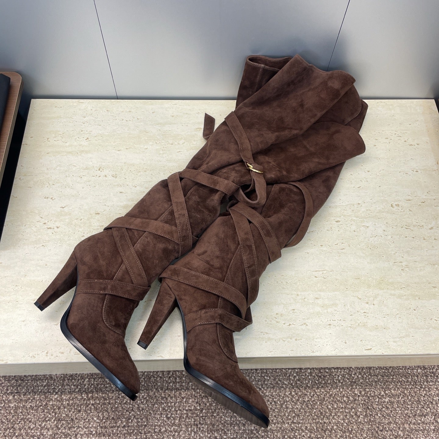 YSL 2025  Chunky Heel Pointed Toe Over-the-Knee Rider Boot Brown Suede 574019