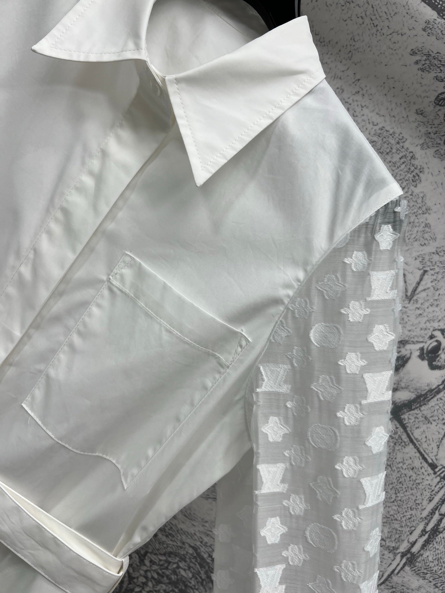 LV 25 Splicing Perspective Jacquard Monogram Sleeve Dress White Cotton