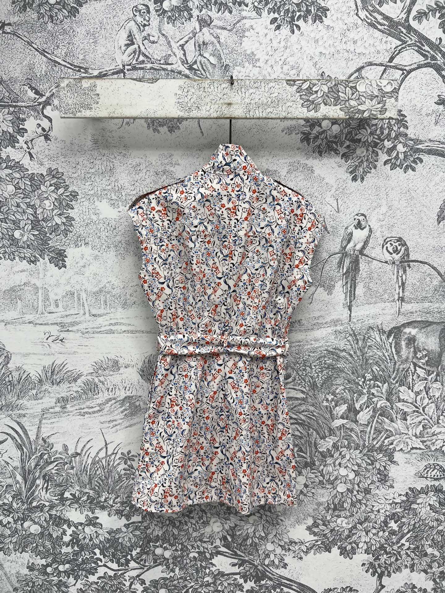 LV 25  Floral Print Stand-up Collar Sleeveless Dress Multicolor Poliester