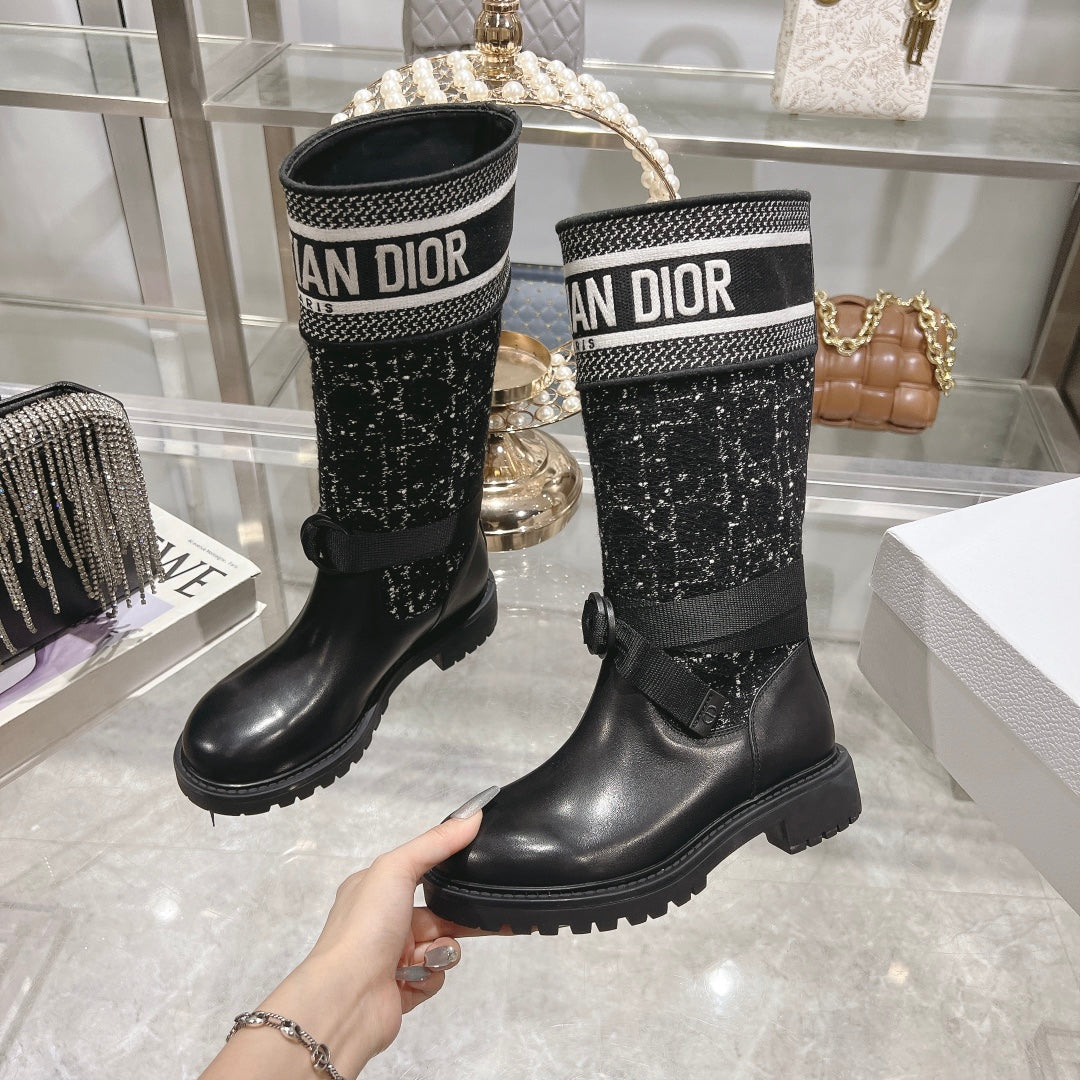 CD D-Major Boot Black Mix White Calfskin And Tweed Fabric