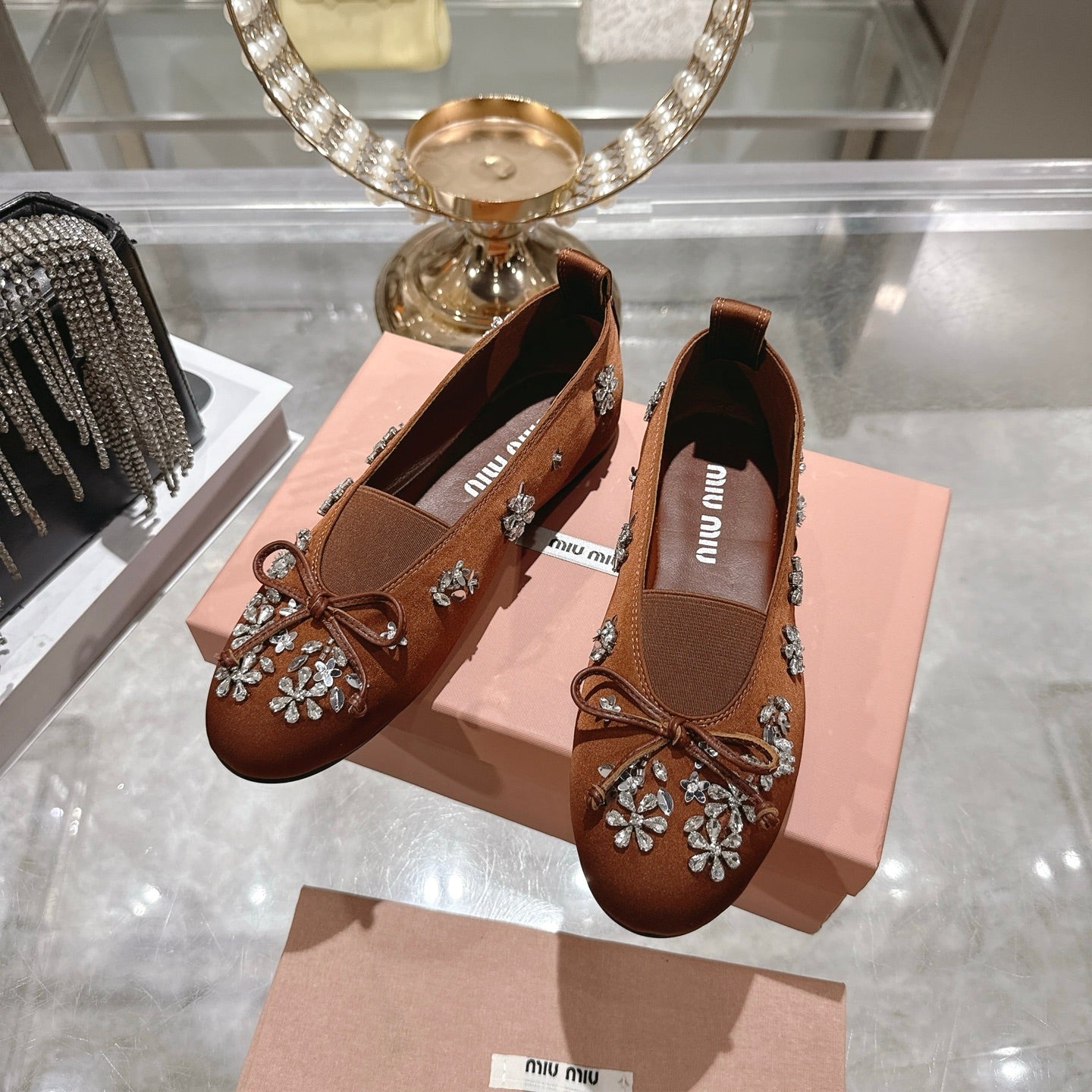 Miu 26 Ballet Flats with Crystal Rhinestones Brown Silk Satin 592105