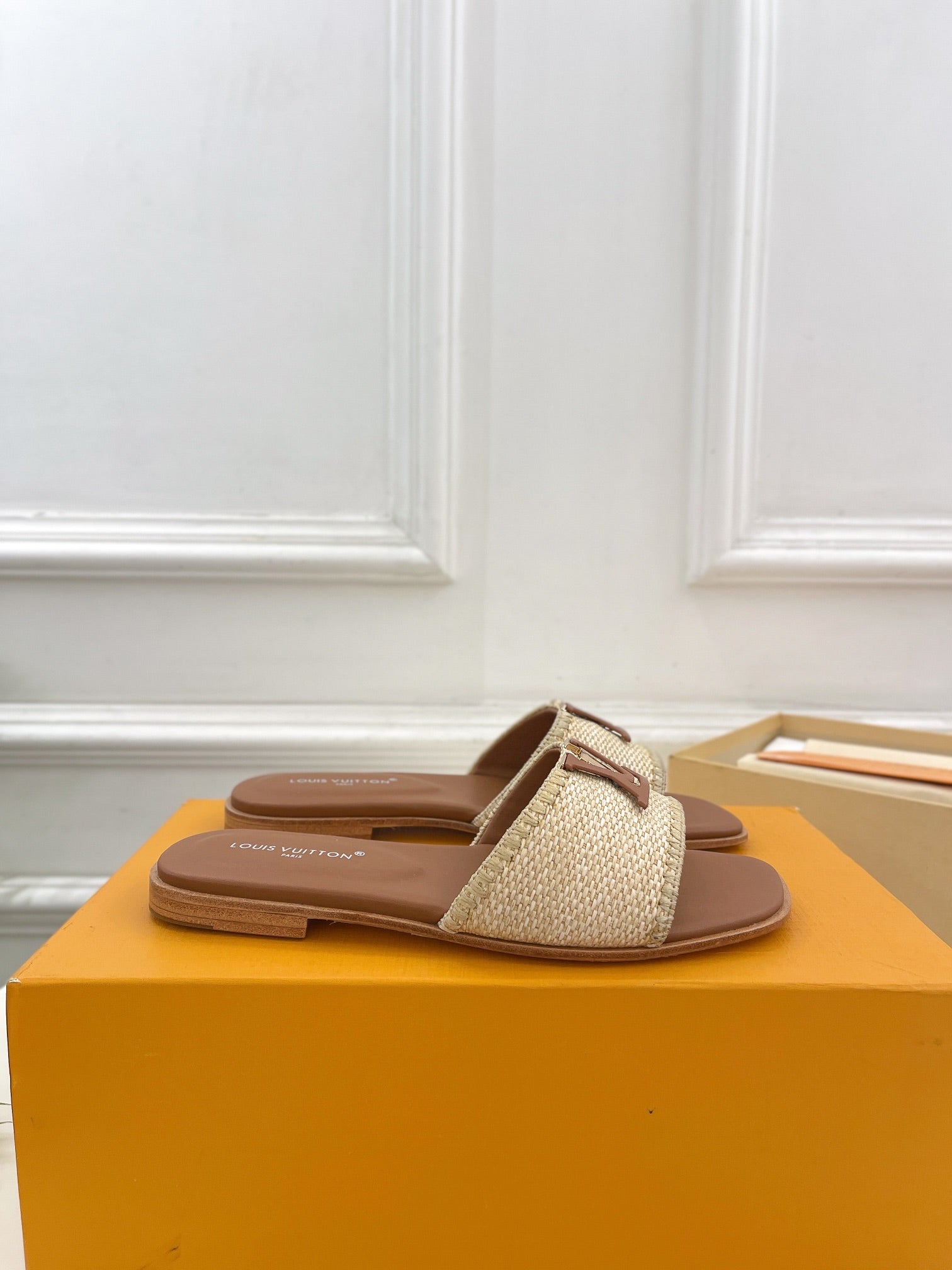 lv capri flat mule beige raffia dark brown calfskin