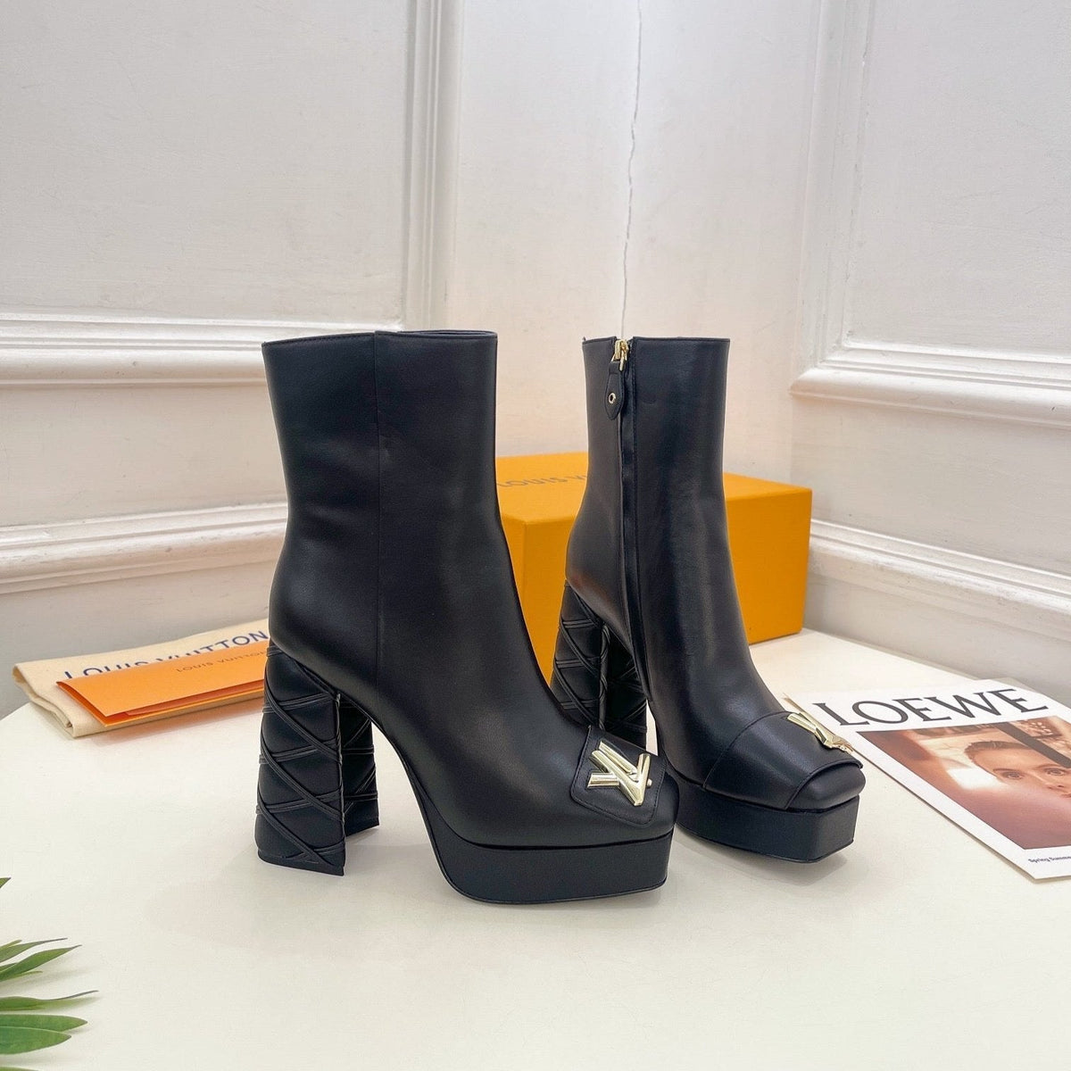 LV Shake Platform Ankle Boot 120mm Plain Black Calfskin