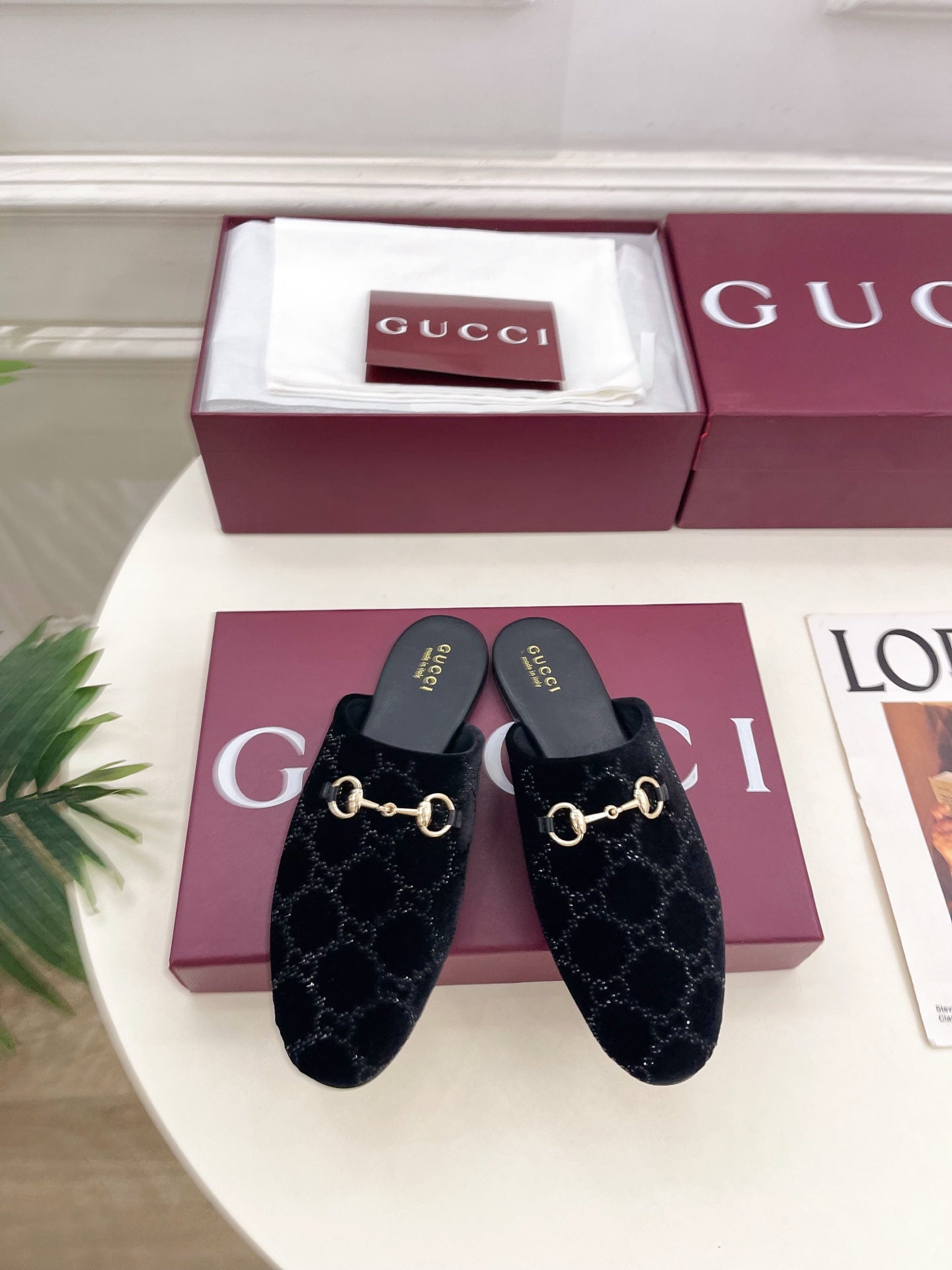 GG 26 Horsebit Flat Mules Rhinestones Black Velvet 587080