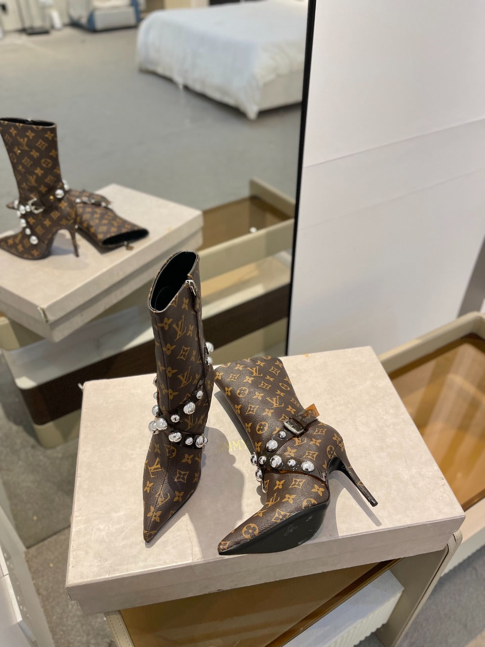 LV Ankle Boots 100mm Dark Brown Monogram Lambskin